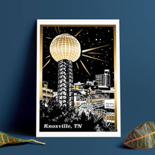 Load image into Gallery viewer, Knoxville Sun Sphere Gold Foil Art Print 8.5&quot;x11&quot;