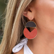 Load image into Gallery viewer, Brass Patina Earrings - Black and Red Abstract Shapes