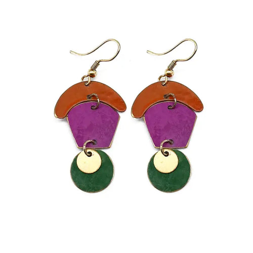 Brass Patina Earrings - Colorblocked Abstract Shapes