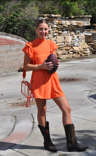 Tara Mock Neck Tie Beck Ruffle Sleeve Romper Orange