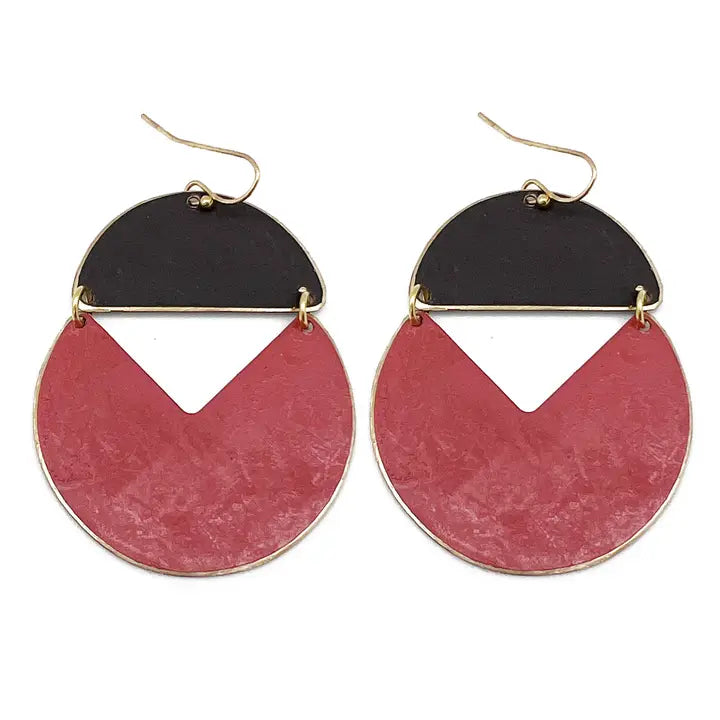 Brass Patina Earrings - Black and Red Abstract Shapes