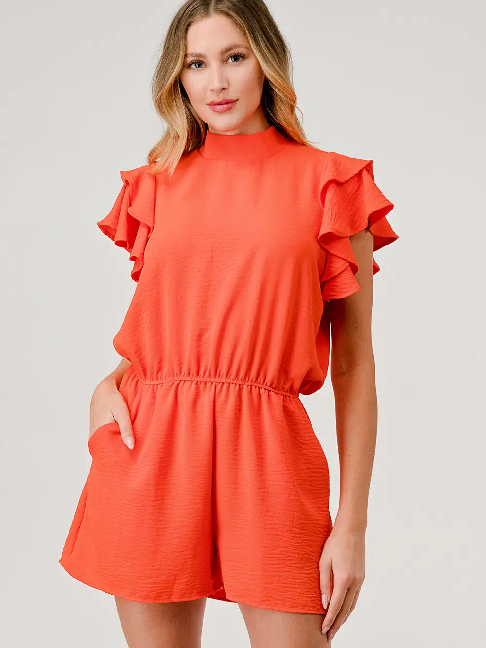 Tara Mock Neck Tie Beck Ruffle Sleeve Romper Orange