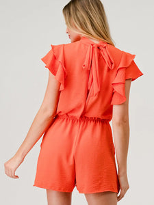 Tara Mock Neck Tie Beck Ruffle Sleeve Romper Orange