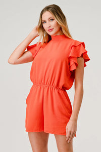 Tara Mock Neck Tie Beck Ruffle Sleeve Romper Orange