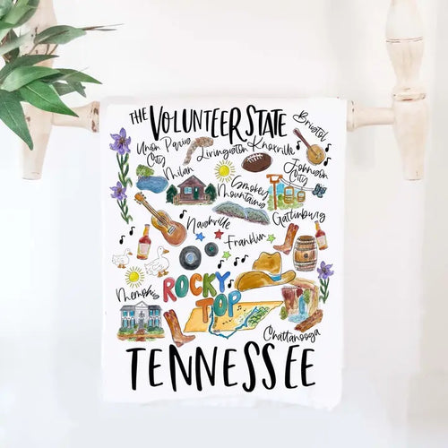 Cotton Tea Towel showcasing all the places that make Tennessee so special!