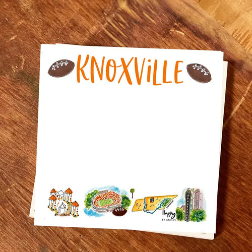 Knoxville notepad with footballs, Neyland Stadium, The State of TN Shape, and Tennessee Theatre