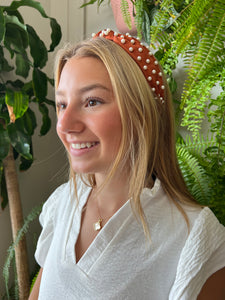 Maddie Satin Headband with Pearls RUST