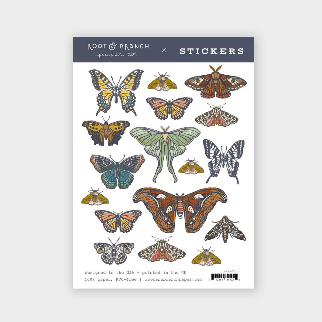 Sticker sheet with 17 different moths and butterflies including Monarch, Tiger Swallowtail, Zebra Swallowtail, Luna Moth, Sphinx Moth, Atlas Moth, and more