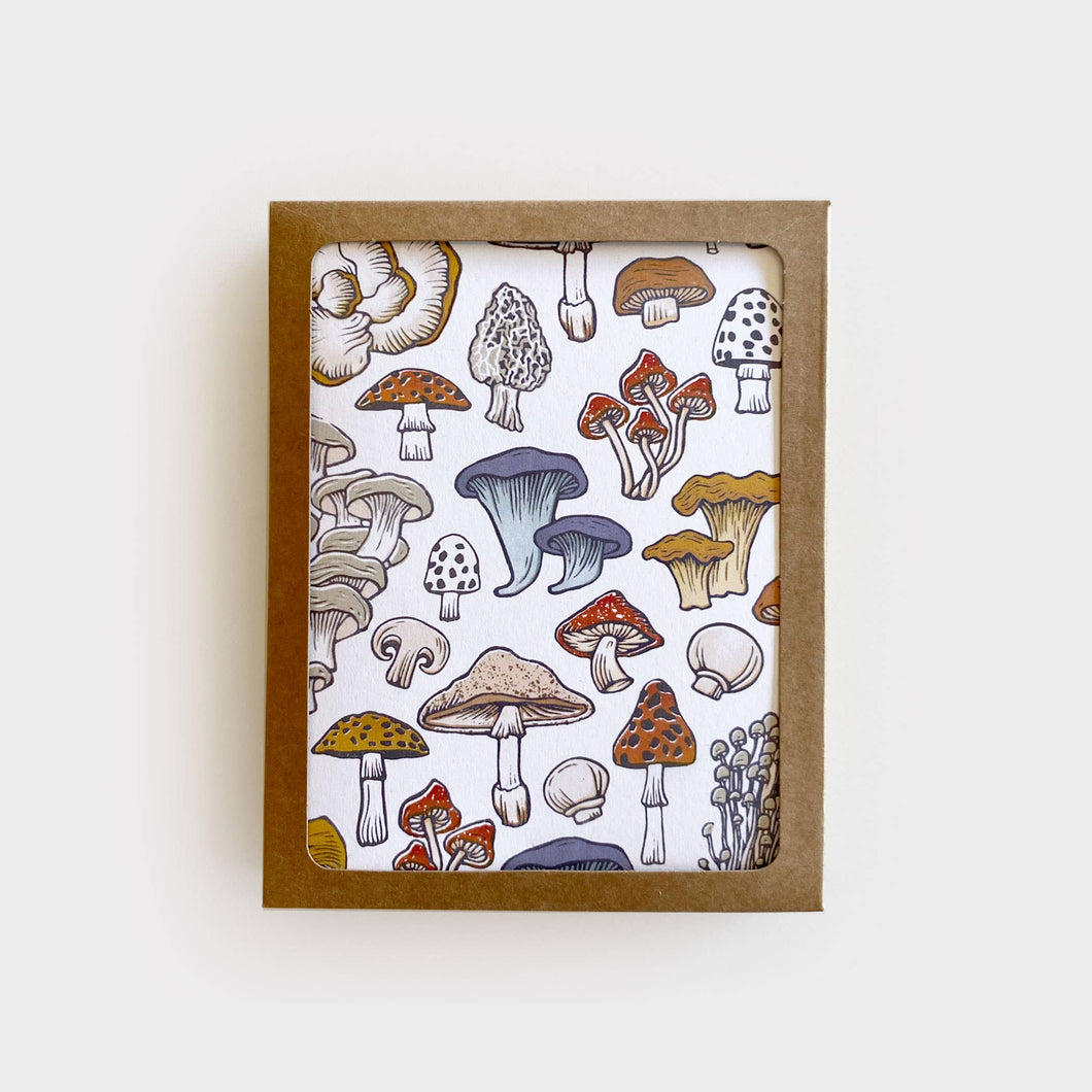 A set of 8 greeting cards with an assortment of fungi and mushrooms with varying colors set on a white background.