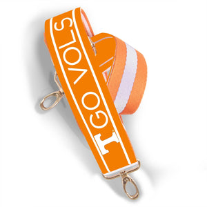 Orange and white purse strap with GO VOLS written across it.  